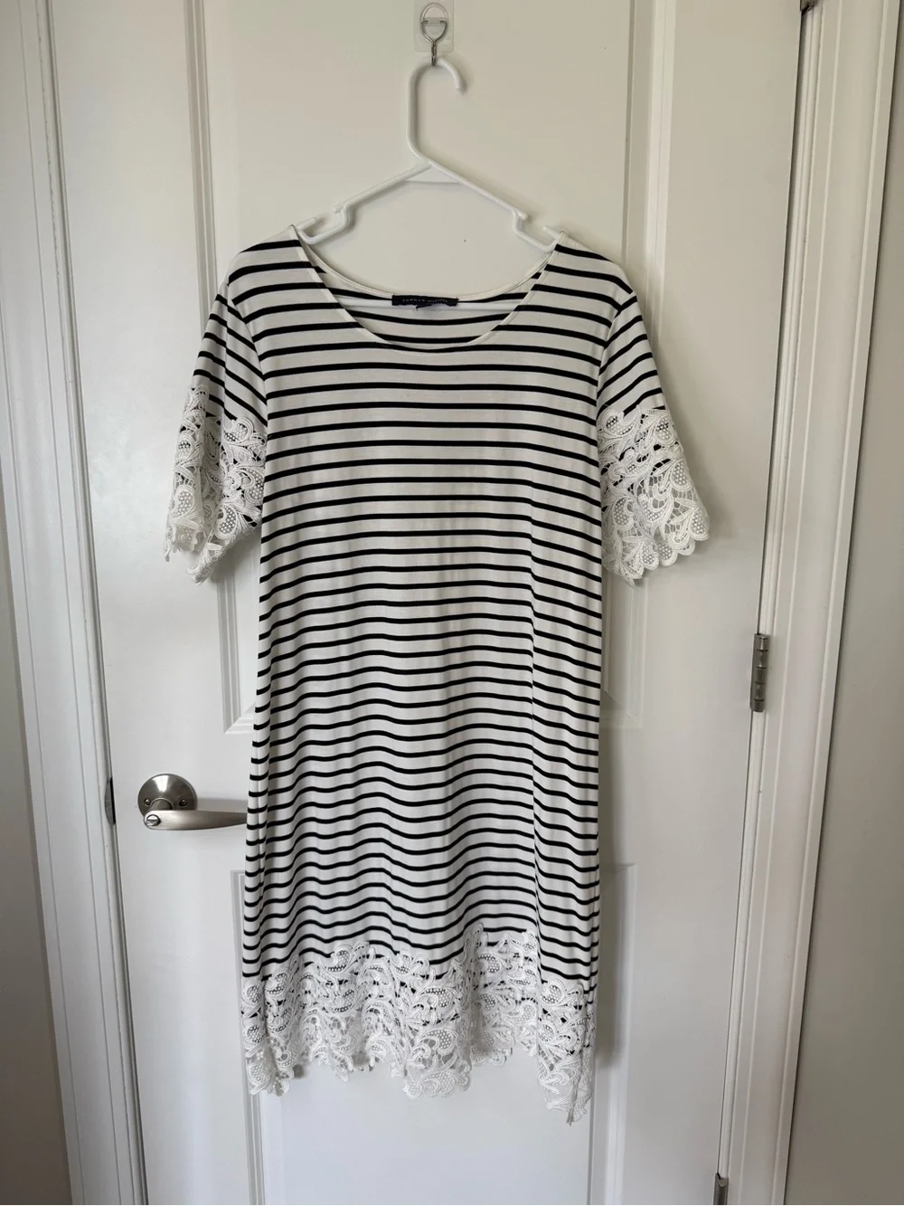 Tommy Hilfiger Black & White Striped Lace-Trim Mini Dress